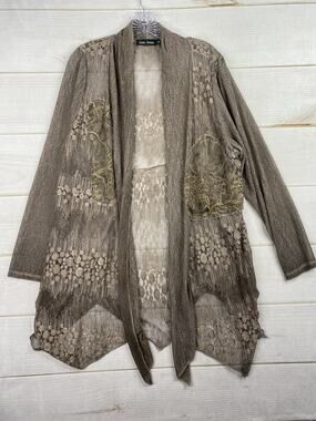 Casual Express Cardigan Womens XXL Brown Sheer Mesh Embroidered Boho Artsy Vtg